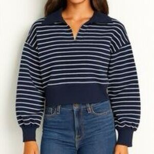 Abercrombie & Fitch Soft AF Prep Collared Pullover SZ Med Nautical Navy & White